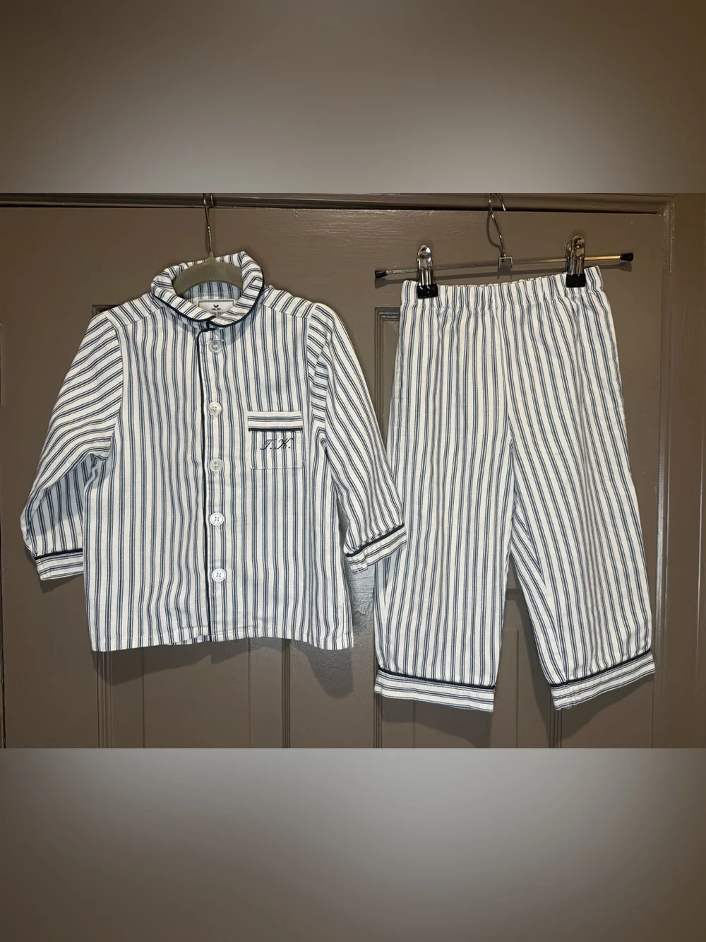Petite Plume Kid’s Twill Pajama Set in French Navy Ticking 2T